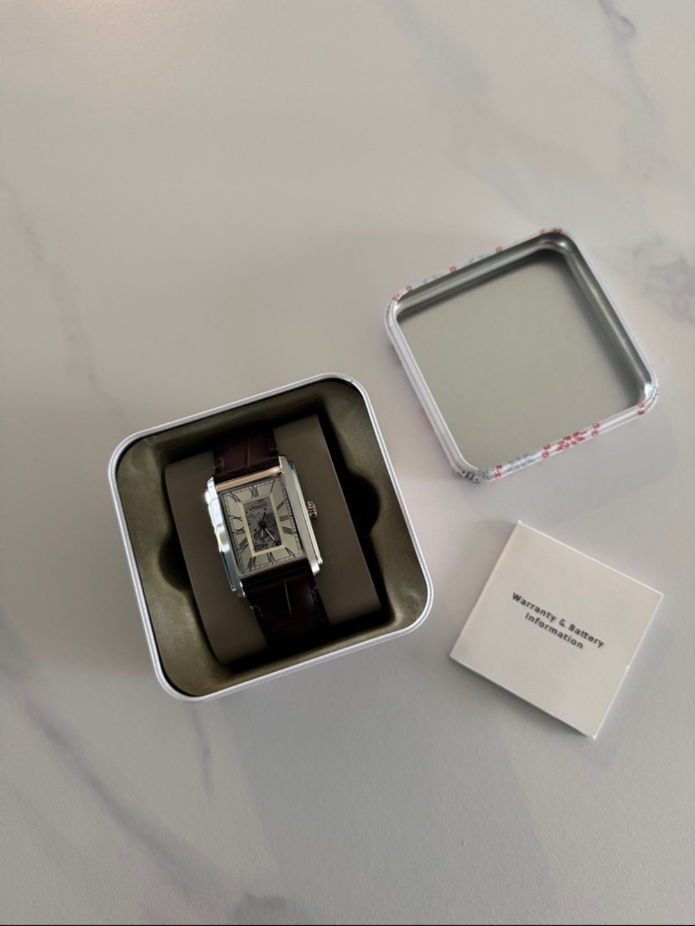 Fossil Silver-Tone Rectangular Watch with Brown Leather Strap